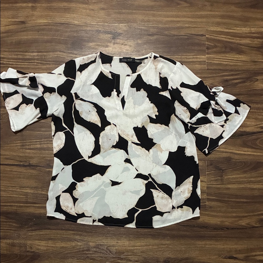 Ivanka Trump Black and Cream Floral Bell-Sleeve Blouse